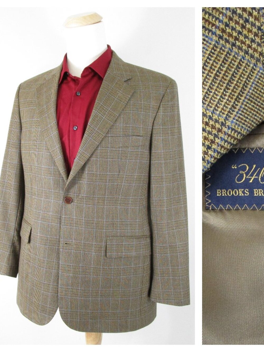 Brooks Brothers 346 Brown Blue Glen Plaid Windowpane Wool Sport Coat Size 42R